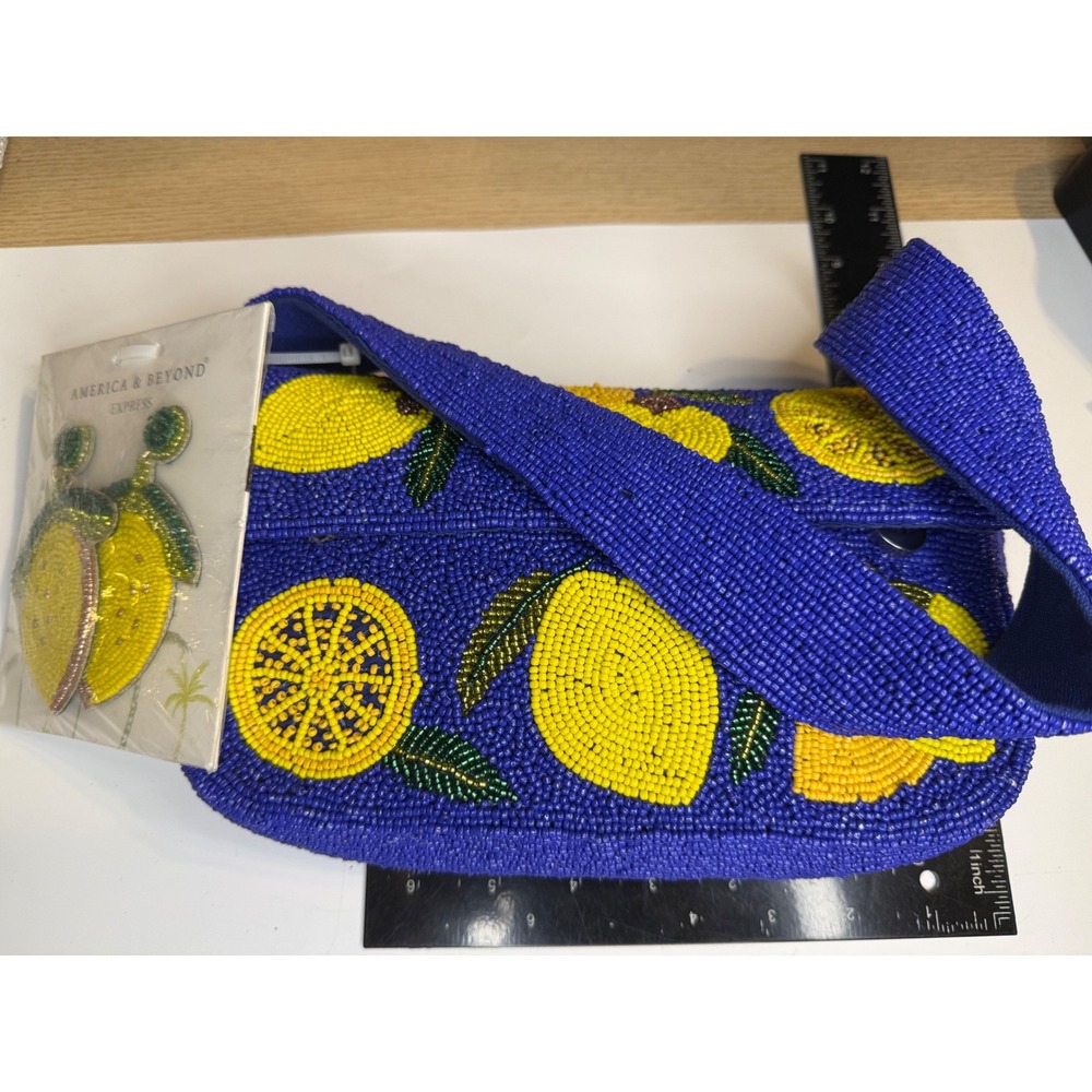 America & Beyond Express Blue Beaded Lemon Handbag and Earrings Set